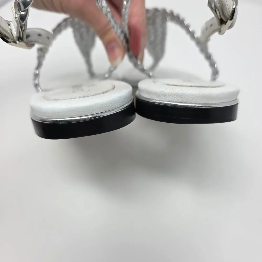Chanel Thong Silver Leather Logo Sandals T Strap Day White 37.5 US 7